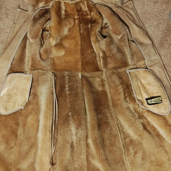 Leder Fischer Shearling Coat Womens Small Tan Suede Hooded Fur Trim Belted Long - Picture 12 of 16